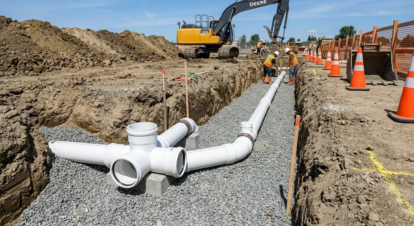 New PVC sewer pipe installation in open trench for Grease Trap Cleaning in Wadsworth