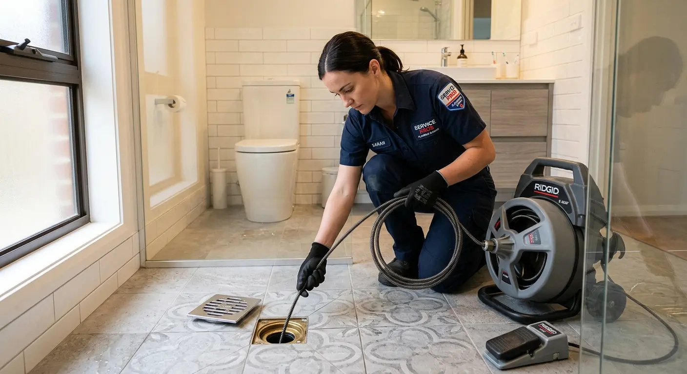 Technician clearing a bathroom floor drain for Sewer Line Installation in Wadsworth